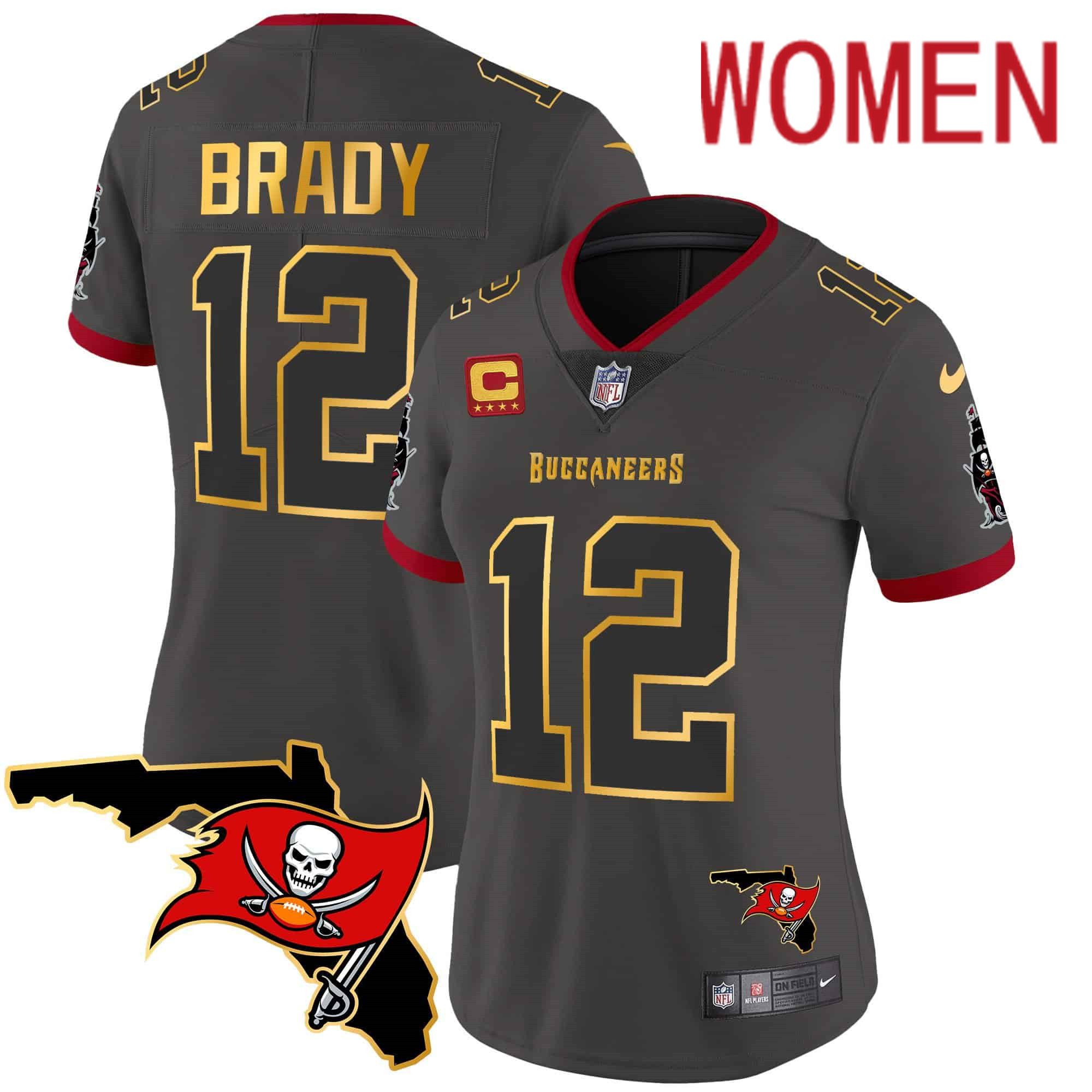 Women Tampa Bay Buccaneers 12 Brady Grey 2024 Nike Florida Patch Gold Trim Vapor NFL Jersey